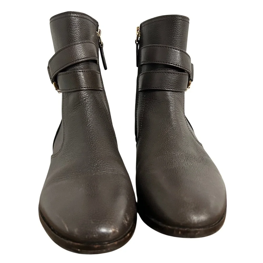 Tory Burch Gemini Gold Link Brown Leather Ankle Boots 8.5 Old Money Quiet Luxury